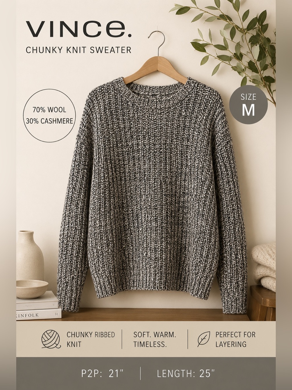 Vince Chunky Crewneck Sweater in Black & White Marled